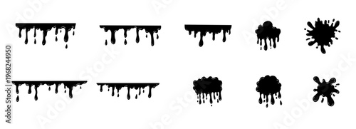 Black smooth ink shiny blob form set. Splash with glossy drops, round abstract shapes silhouette liquid. Soft fluid organic puddle border, frame. Current drops. Ink Paint fall down liquid.