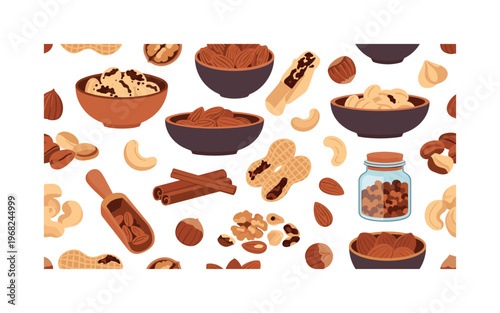 roasted peanuts icons seamless pattern, repeating pattern, surface design, textile print, modern illustration of roasted peanuts, almonds, cashews, walnuts,