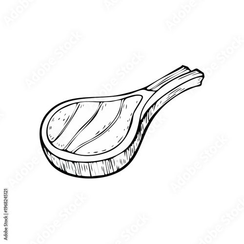 Hand-drawn black and white illustration of a single raw lamb chop with bone.