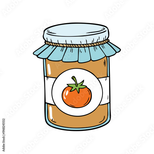 Hand drawn glass jar of tomato jam with a simple label on a white background