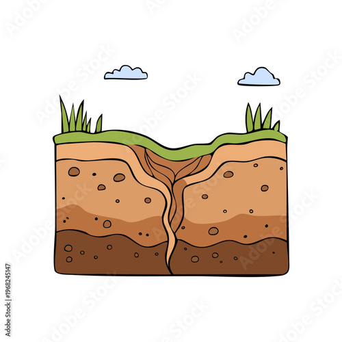 Cross section showing layers of earth and a deep crack demonstrating a fault line or geological fissure.