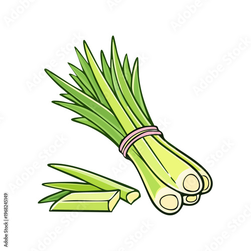 Bunch of fresh green lemongrass stalks tied with a pink elastic band with chopped pieces nearby