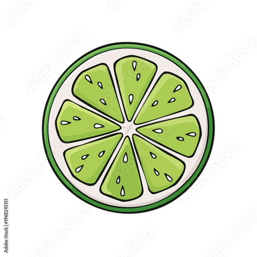 Vibrant green lime slice illustration with juicy segments and seeds in a playful cartoon style