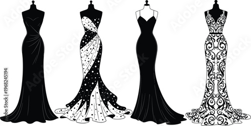 Elegant Evening Gown Silhouette Collection Vector Illustration with Luxury Women Dresses, Fashion Mannequin Dresses, Formal Wear Design Set Isolated
