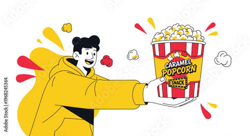 Happy Man Holding Caramel Popcorn Bucket, Movie Night Snack, Modern Flat Illustration