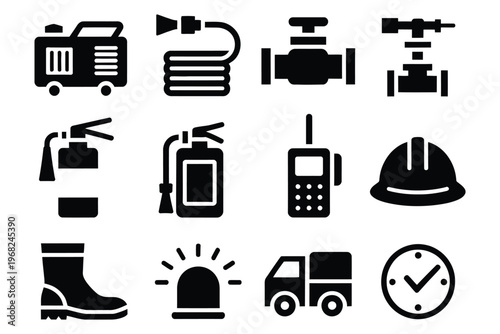 Firefighting equipment icons set with helmet, hose, radio, protective gear, and tools, hand drawn