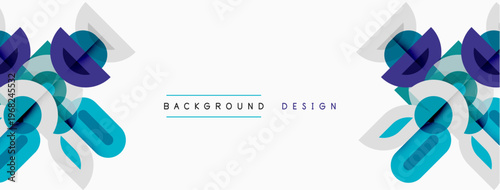 Abstract floral design. Blue, purple, white shapes overlap. Minimalist style, clean lines, modern aesthetic. Background text present.