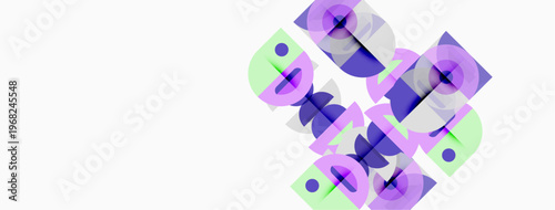 Abstract geometric shapes overlap, creating layered purple, green design. Minimalist composition, clean lines, modern aesthetic.