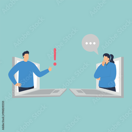 Online Connection and Decision Making: A dynamic illustration showing two individuals communicating through laptop screens, one presenting an idea, the other engaged in thought.