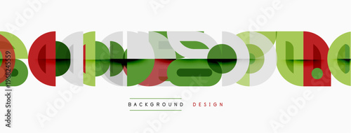 Abstract geometric shapes overlap, creating colorful pattern. Red, green, light blue hues dominate design. Minimalist style.