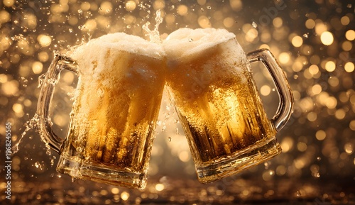 Two overflowing mugs of golden beer clinking together in a celebratory toast with a dramatic splash of foam and bright bokeh background
