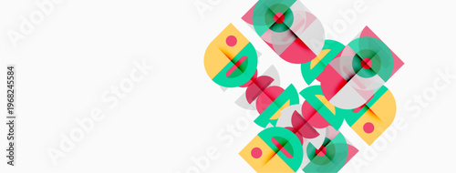 Abstract geometric design. Overlapping colorful squares, circles create dynamic composition. Minimalist style, bright hues present.