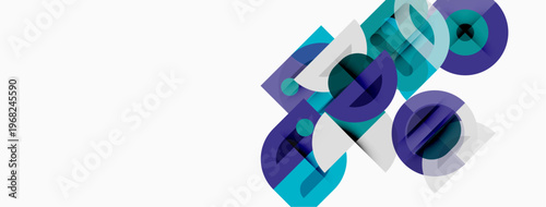 Abstract geometric shapes overlap, creating layered visual effect. Blue, teal, dark shades dominate white background. Modern design.