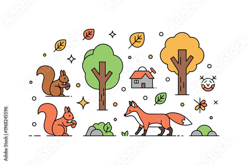 Forest animals autumn forest concept where squirrels collect nuts and foxes explore under colorful leaves while small sparkle and line icons emphasize seasonal