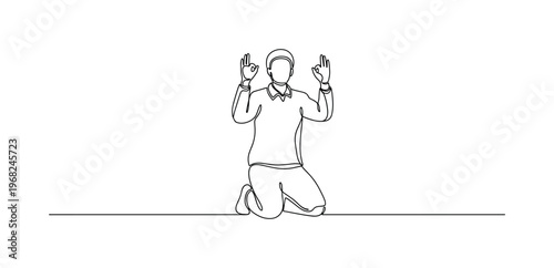 Ancient Prayer. Minimalistic one-line drawing individual kneeling with hands raised in ceremonial gesture, continuous single black line on white background,