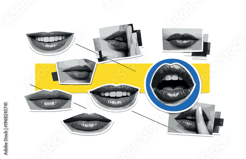 Black and white close-up lips collage arranged asymmetrically, mix of smiling, serious and whispering expressions, bold yellow rectangular block cutting across