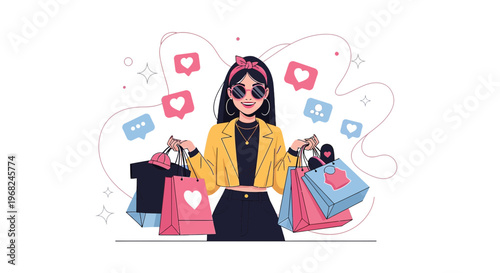 Happy Woman Shopping with Bags, Social Media Likes and Hearts Icons