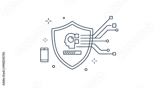 AI-Powered Security Shield with Human Head and Data Flow.