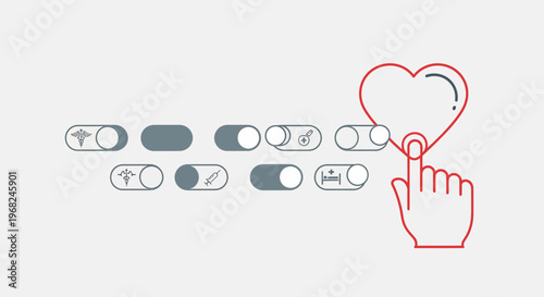 Healthcare Choice Concept: Finger Taps Heart Icon on Toggle Switches with Medical Symbols