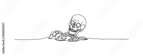 Human Remains. Minimalistic one-line drawing partially buried human skeleton, continuous single black line on white background, simple outline style, no