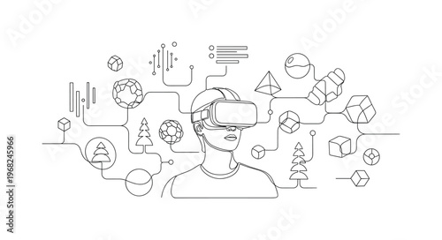 Immersive Digital World. Minimalistic one-line drawing individual wearing VR headset surrounded by virtual objects, continuous single black line on white