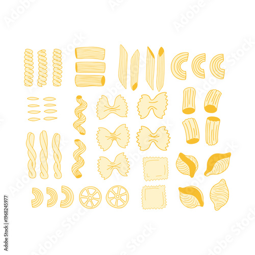 Whimsical Hand-Drawn Doodle Set with Different Types of Pasta