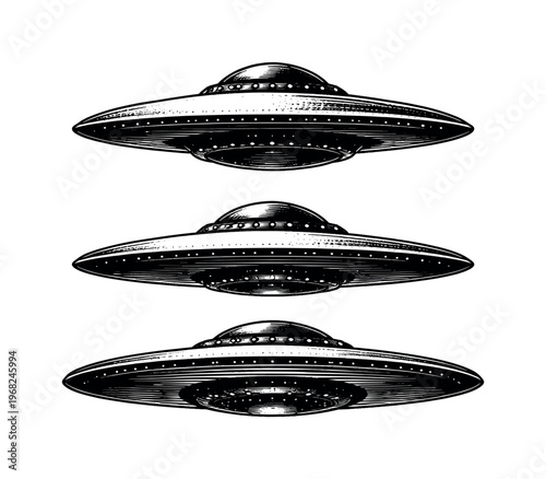 Sci-fi saucer ? A science-fiction saucer craft displayed as one object in three positional views, emphasizing rim thickness, central mass, and overall volume.