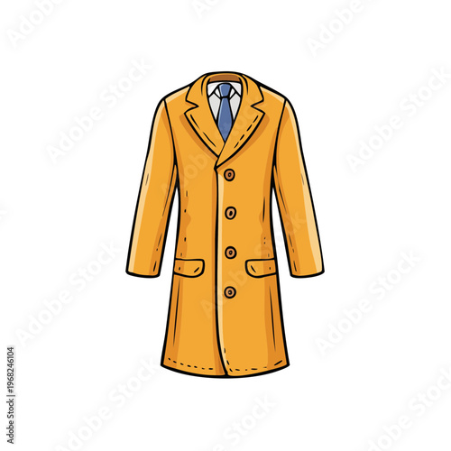 Stylish yellow trench coat with blue tie and white shirt collar illustration