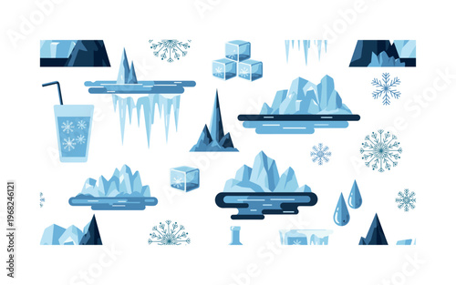 ice landscape motifs seamless pattern, repeating pattern, surface design, textile print, modern illustration of frozen water, glaciers, icicles, snowflakes,