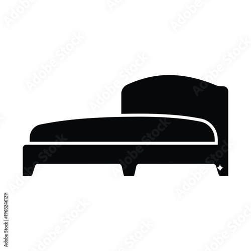 Black silhouette of a bed with headboard and mattress on white background