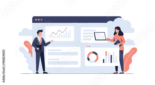 Business professionals analyzing data on a large computer screen, discussing strategy.