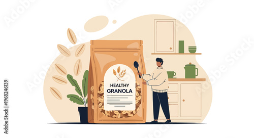Healthy Granola Packaging and Man in Kitchen Illustration