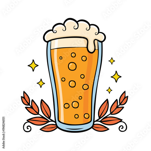 Refreshing golden beer with frothy head and sparkling festive accents