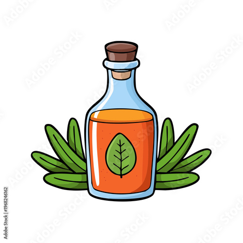 Herbal infusion in glass bottle with leaf label and green sprigs