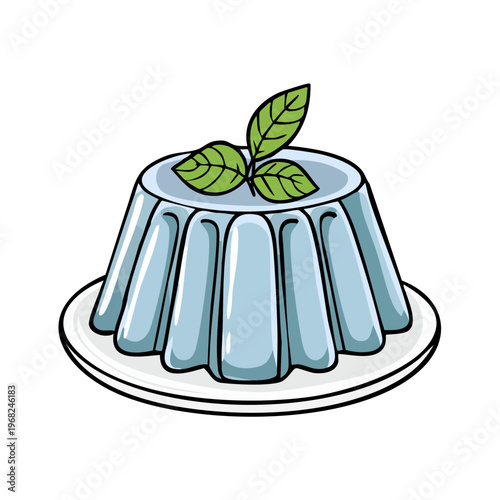 Light Blue Jelly Dessert Topped with Fresh Green Mint Leaves on a White Plate