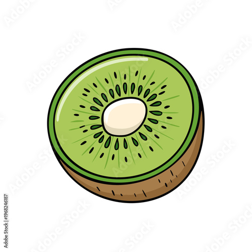 Close-up of a juicy, ripe kiwi fruit cut in half, revealing its vibrant green flesh and tiny black seeds.