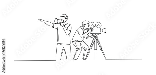 Camera Action. Minimalistic one-line drawing director calling action with camera operator filming, continuous single black line on white background, simple