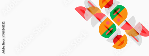 Abstract geometric shapes overlap, creating colorful patterns. Circles, arcs, lines form dynamic composition on white background.