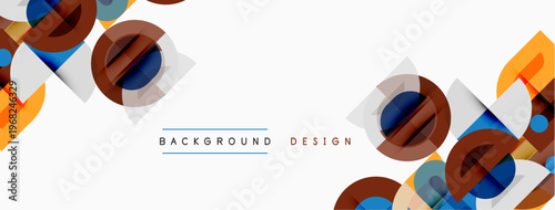 Abstract geometric shapes overlap, creating dynamic visual texture. Orange, blue, brown tones dominate white space. Modern design element.