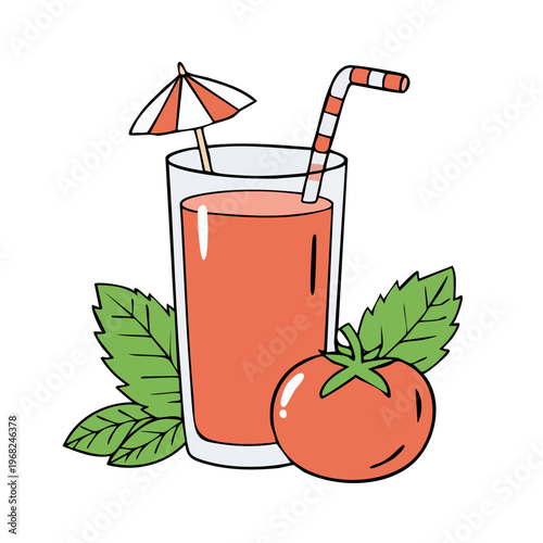 Refreshing Tomato Juice in a Tall Glass with Mint and a Whole Tomato