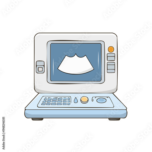 Illustration of a medical ultrasound machine displaying a fetus image on screen
