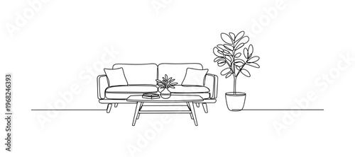 Calm Home Interior. Minimalistic one-line drawing living room with simple furniture and greenery, continuous single black line on white background, simple