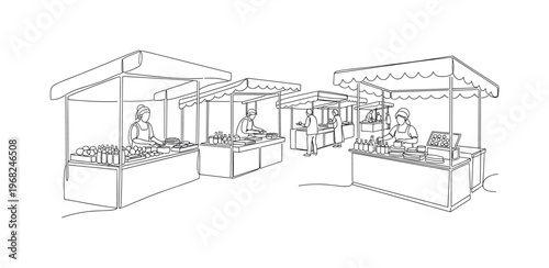 Street Vendor Scene. Minimalistic one-line drawing open-air stalls selling food and goods, continuous single black line on white background, simple outline
