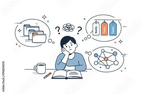 Second brain decision fatigue. User comparing different note structures like folders, tags, and graphs, thoughtful and stuck posture. Scene reflects