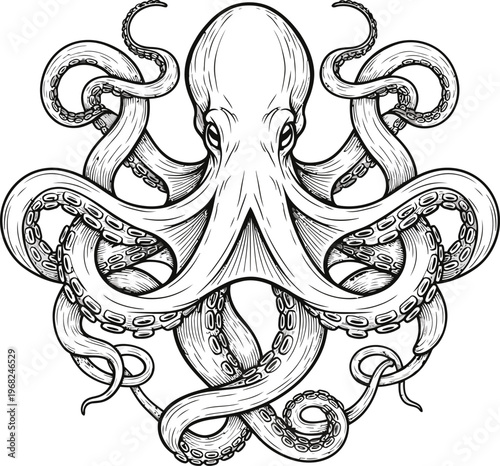 Detailed Illustration of an Octopus with Many Tentacles.