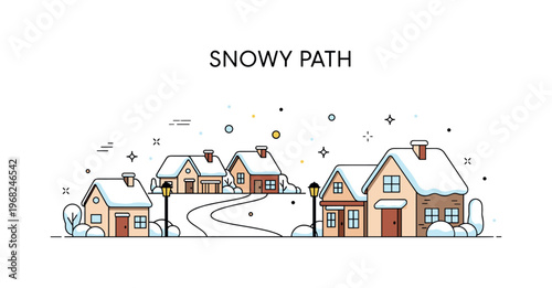 Snowy Path village street concept where snow blankets a narrow pathway between houses while tiny sparkle and star icons highlight seasonal charm,