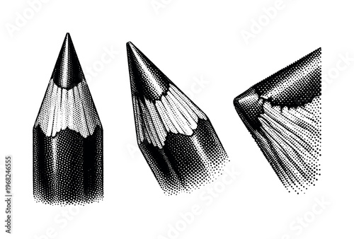 Sharpened pencil tip A detailed pencil tip with graphite core, carved wood edges, and sharp point shown straight-on, angled, and extreme close-up side views as