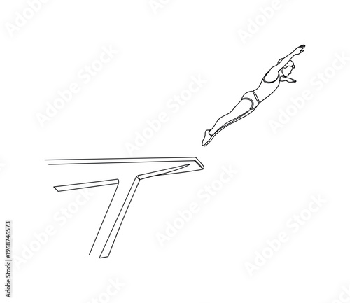 Ambitious Leap. Minimalistic one-line drawing person springing into air from diving platform, continuous single black line on white background, simple outline