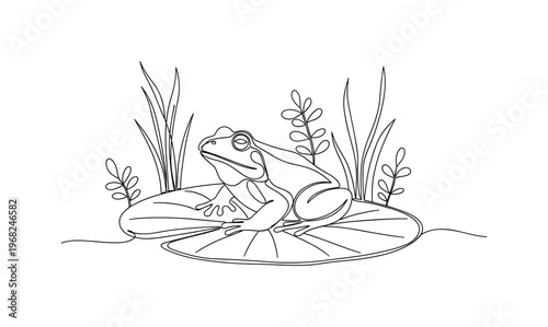 Frog in Nature. Minimalistic one-line drawing frog resting on lily pad with small plants around, continuous single black line on white background, simple