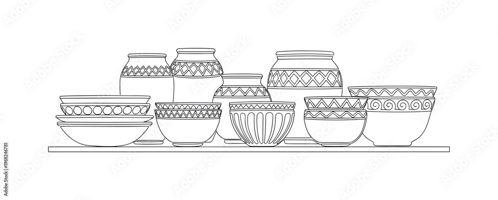 Fototapeta premium Home Decor Pottery. Minimalistic one-line drawing assortment of decorative ceramic bowls and pots on shelf, continuous single black line on white background,